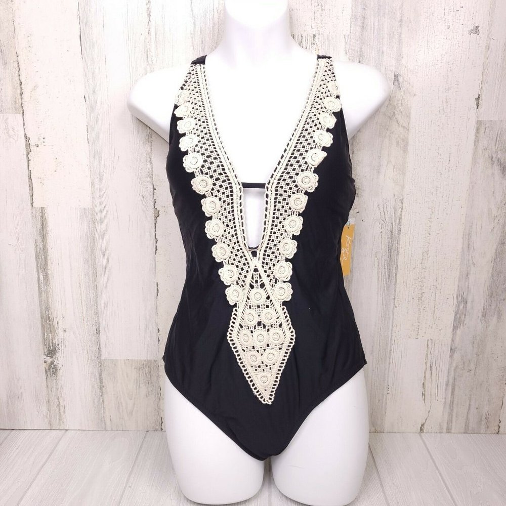 Kona Sol Crochet Trim Plunge One Piece Swimsuit M - Picture 2 of 5